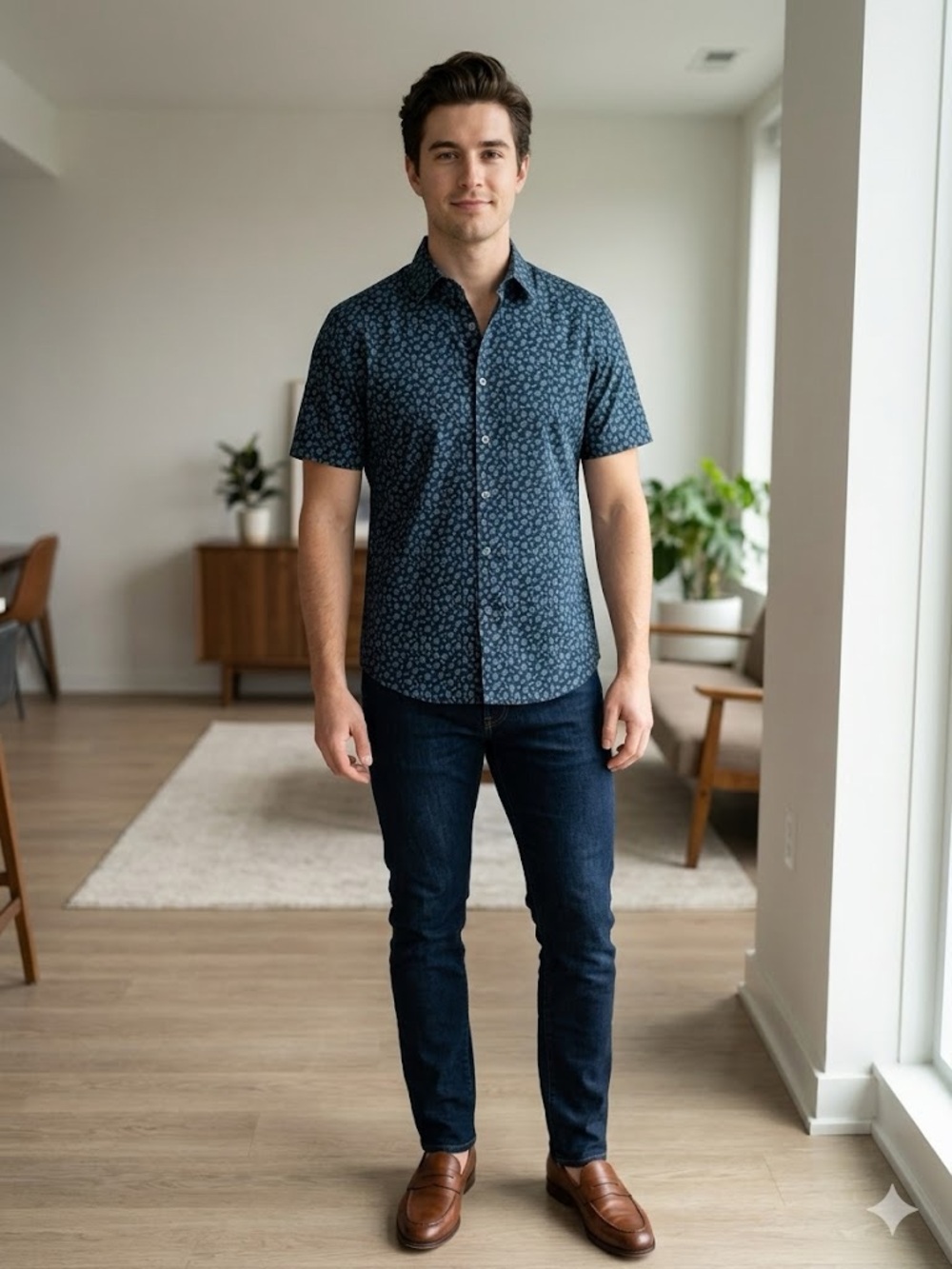 Michael Kors Navy Short-Sleeve Floral Button-Down Shirt